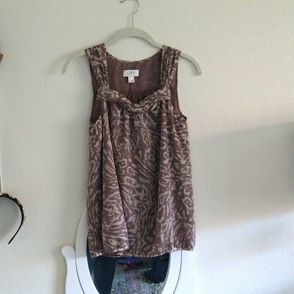 LOFT Animal Print Sleeveless Draped Neck Blouse Brown XS